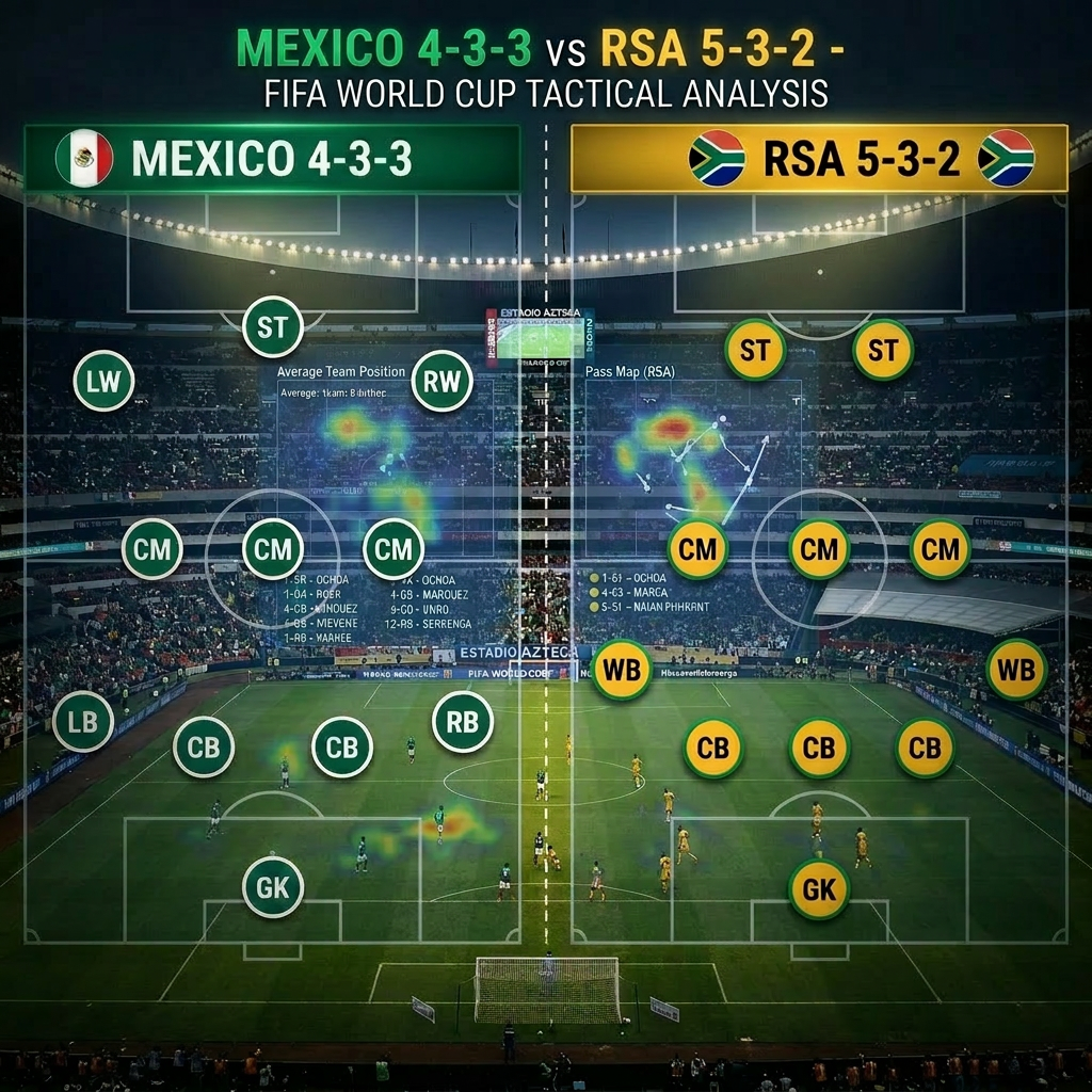 Soccer formation diagrams showing Mexico 4-3-3 and RSA 5-3-2 with player positions and arrows for movement.